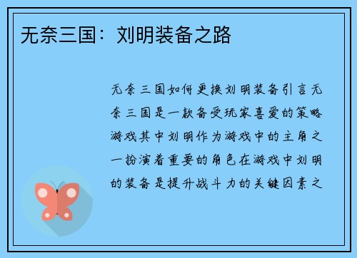 无奈三国：刘明装备之路